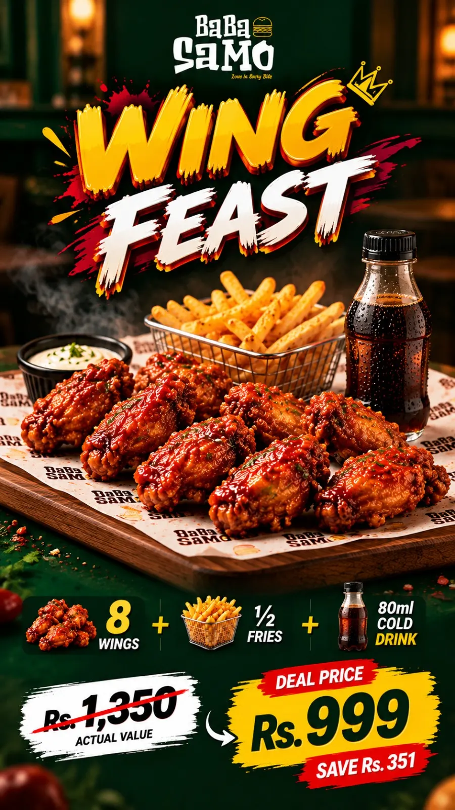 Wings Feast - 8 Pcs Wings, 1/2 Fries, 1 300ml Cold Drink " Next Cola
